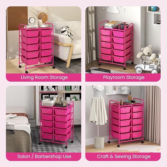 Giantex 10 Drawers Rolling Cart, Classroom Organizers, Storage Cart with Wheels, for Teacher Office Home School Supplies Tool Craft Art Paper, Hot Pink