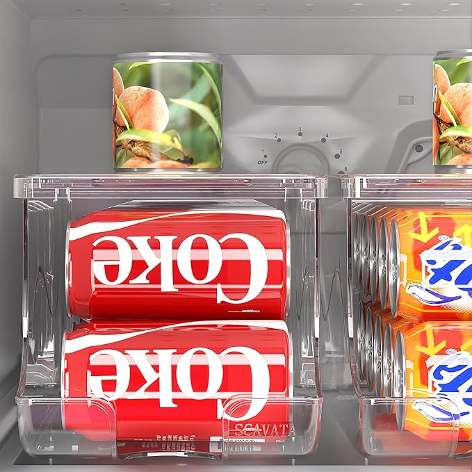 4 Pack Stackable Refrigerator Organizer, Soda Can Dispenser Pop Cans Container Beverage Holder with Lid for Fridge, Freezer, Kitchen, Clear Plastic Storage Bins-Holds 10 Cans Each