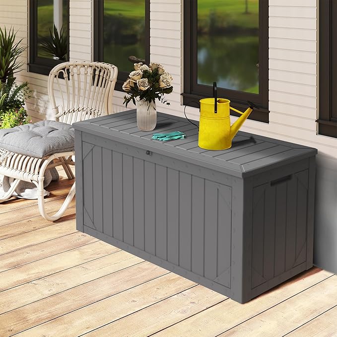 100 Gallon Outdoor Storage Box Waterproof,Resin Deck Box Storage Bin for Cushion Patio Furniture, Pool Accessories, and Garden Tools, Lockable & UV-Resistant, Grey