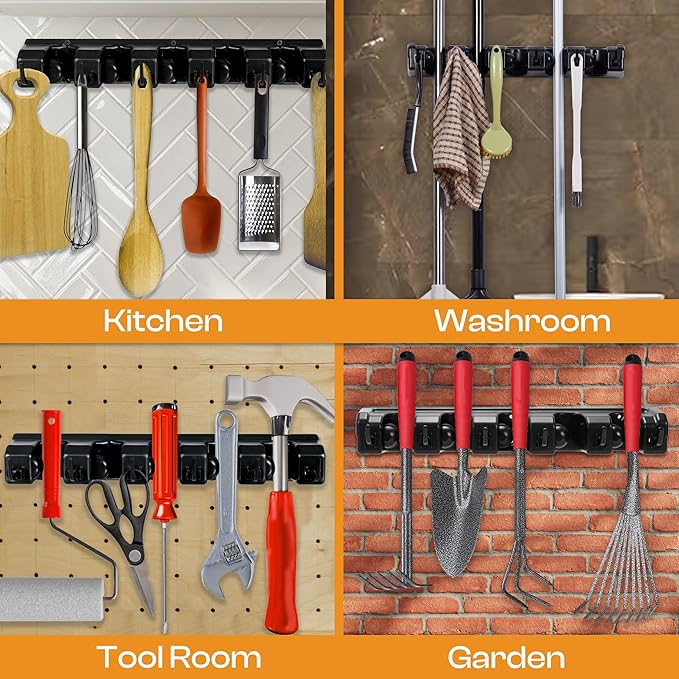 Heavy Duty ABS Plastic Broom Holder with 5 Slots and 6 Hooks | Wall Mount Mop and Broom Hanger | Waterproof Broom Organizer with Screws| Wall Mount Tool Organizer for Garage Storage