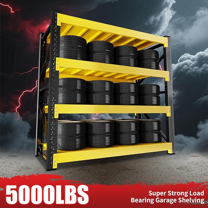 5000LBS Heavy Duty Garage Shelving 59" W Garage Storage Shelves 4-Tier Metal Adjustable Shelf Unit Storage Rack for Basement Supermarket Warehouse 59" W x 24" D x 78" H Yellow