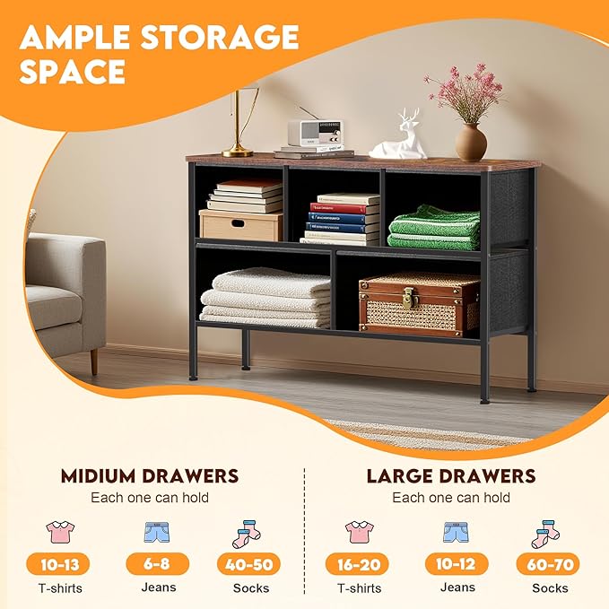 Curved Profile Dresser for Bedroom, Chest of Drawers, 5 Storage Drawers Organizer Unit, Brown Dresser with Fabric Bins for Closet, Living Room, Kid Room (Rustic Brown)