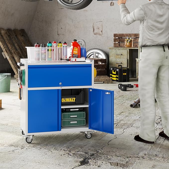 Aobabo Metal Cabinet with Wheels, Metal Garage Cabinet with 1 Drawer and 4 Hooks, Small Rolling Tool Storage with Pegboard and Handle, Blue Grey, Assembly Required