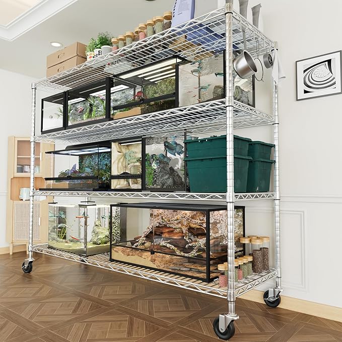PrimeZone 4 Tier 55.5" Wx24 Dx76 H Wire Shelving with Wheels 2400lbs NSF Certified Storage Shelves Heavy Duty Metal Shelf Adjustable Rolling Rack Commercial Garage Restaurant Warehouse Kitchen Chrome