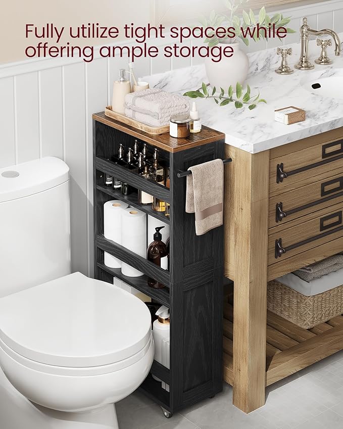 VASAGLE 4-Tier Slide-Out Storage Cart, Slim Kitchen Cart for Small Spaces, with Wheels, Handle, Bathroom, Laundry Room, 7.9 x 17 x 34.1 Inches, Ebony Black and Rustic Brown ULRC051K02