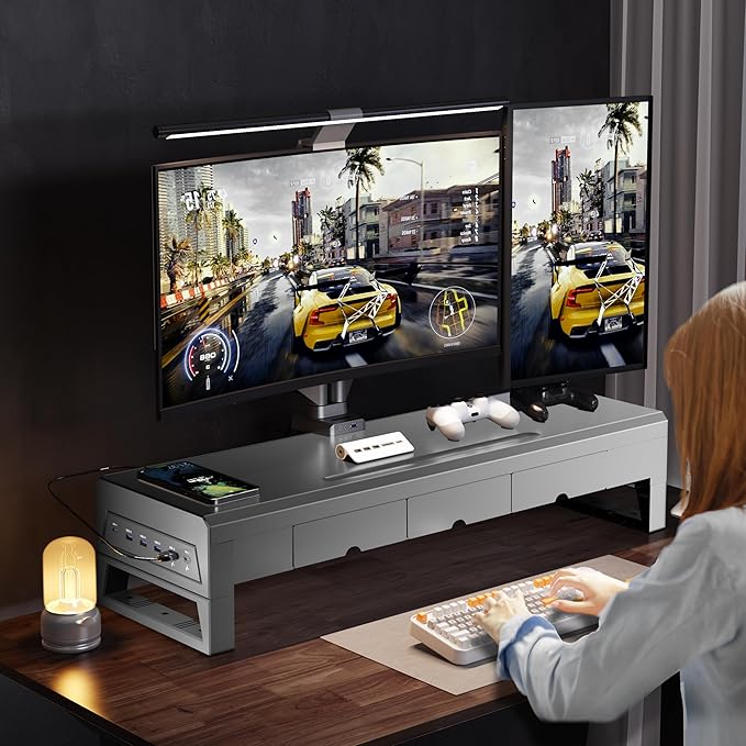 Computer monitor stand with three drawer ，22W charging , 2 USB 3.0 , and 1 USB 2.0 ，Laptop Desk Shelf & Monitor Riser 27.55 inches long desk riser Monitors/PC/Laptop/Computer Space Saver Organizer ，Heavy Duty Gift Gaming Studio Office(USB Hub Fast Char...