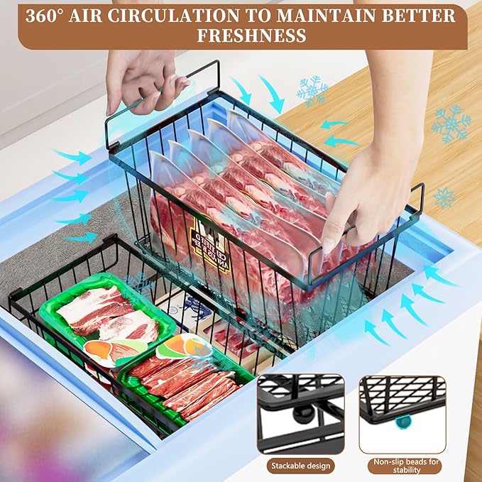 Enhanced Leak-Proof Bottom - Freezer Organizer Bins ，4 Pack Stackable Deep Freezer Organizer Bins for 7 Cu.FT Small Chest Freezer，Easy Get Bottom Foods without Digging