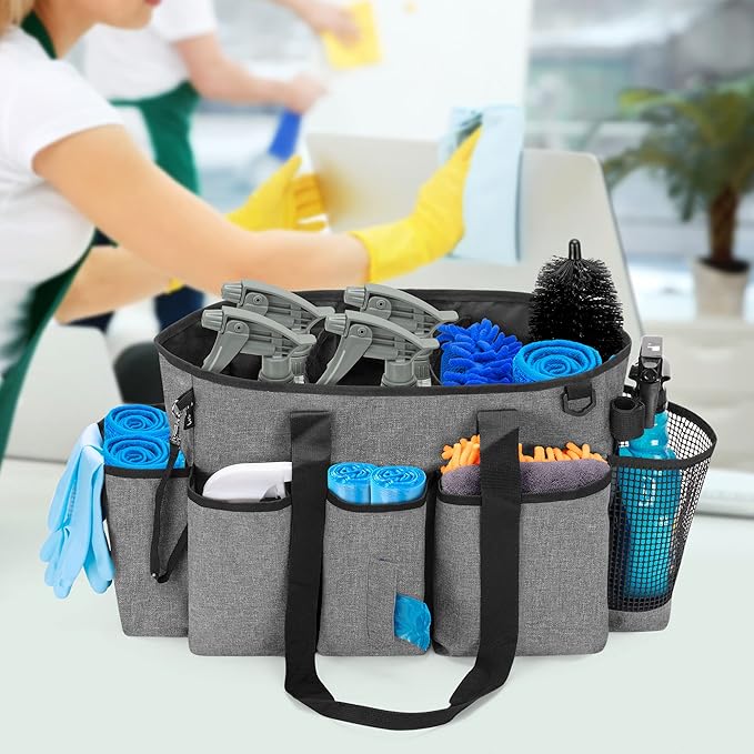 LoDrid Professional Cleaning Tote Caddy for Cleaning Supplies, Cleaning Bag Organizer with Dividers and Handle Strap for Housekeepers Work, Gray, (Bag Only)