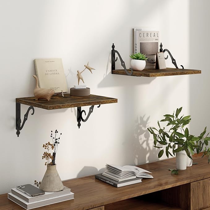 16 Inch Deep Floating Shelves for Wall, 12 Inch Deep Floating Shelf with Bracket, Wall Shelves 16 Inches Long, Wide Display & Storage Shelves for Living Room, Bathroom, Bedroom, Rustic Brown, Set of 2