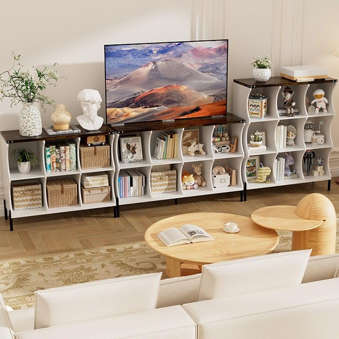 9 Cube Storage Shelf Organizer, Low Book Shelf Bookcase Entryway Table, Wood Closet Storage Display Cabinet TV Stand for Living Room, Office,Bedroom, Dorm, White with Dark Brown Top