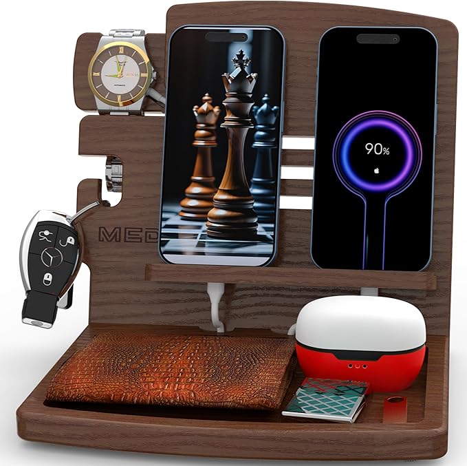 MED Wood Phone Docking Station – Nightstand Desk Organizer for Phone, Watch, Wallet & Tablet – Gift for Men, Husband, Dad & Women – Wooden Charging Stand (Dark Walnut, Model 1)
