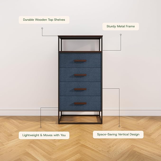 tinge Zana Premium Fabric Dresser - Strong Metal Frame, 4 Spacious Sag-Proof Drawers & Sturdy Wooden Top Shelf - Premium, Sleek & Durable Storage Solution for Your Home (Navy)