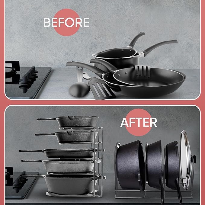 Heavy-Duty Pots and Pans Organizer | 5-Tier Cookware & Lid Storage Rack | Free-Standing or Wall-Mount | Kitchen Organizer for Cast Iron Skillets, Pots, Frying Pans, Lids | Chrome