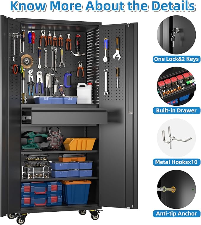 Metal Garage Cabinet with Wheels,71''H Rolling Lockable Steel Tool Cabinet with Pegboard & 1 Drawer for Garage,Home,Office Assembly Required,Black