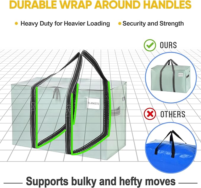 VENO 4 Pack Moving Bags and Large Christmas Storage Bins with lids. Alternative to Moving Boxes, Packing Supplies for College. Extra Large Heavy Duty Totes for Packaging (Shiny Light Green, 4 Pack)