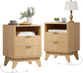Fluted Nightstand with Charging Station, 18" Modern End Table with Storage Drawers, Bedside Table for Bedroom, Natural Oak(2 Piece)