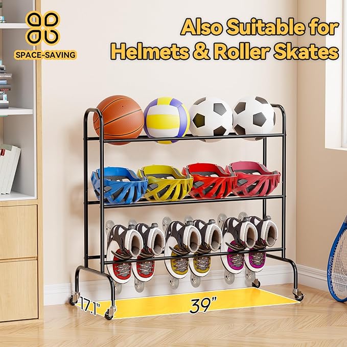 SUFAUY Sports Equipment Organizer, Garage Basketball Rack, Gear & Ball Storage Rack, Outdoor and Indoor Rolling Balls Cart with Wheels