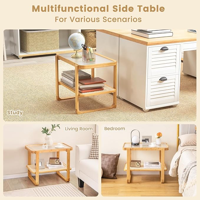 GOFLAME Bamboo Side Table with Glass Top, 2-Tier End Table with PE Rattan Storage Shelf, Home Sofa Side Table, Nightstand Bedside Table, Compact Coffee Table, Accent Table for Bedroom Living Room