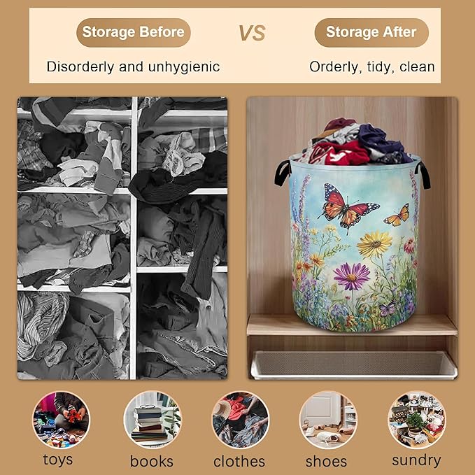 Colorful Butterfly Collapsible Laundry Baskets,Flowers Laundry Hamper,Storage Basket with Handles for Bathroom Bedroom College Dormitory Living Room Nursery Organizer 16"x20"