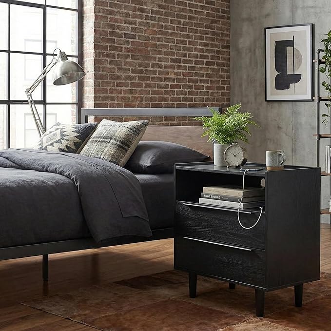 Set of 2 Modern Black Nightstands with Hidden Charging Station, USB Ports, Cable Hole, Tray Top & 2 Drawers – 24" Bedside Tables for Bedroom, Apartment