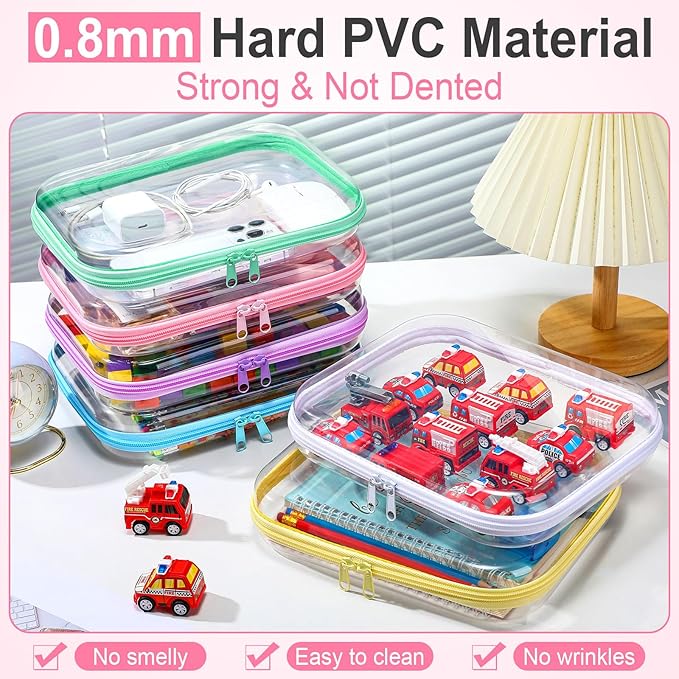 Sanwuta 6 Pcs Clear Hard Zipper Case Hard Plastic Zipper Pouches Transparent Makeup Bag Pencil Pouches for Travel Snacks Christmas Trinket Storage Organizer Box(Colorful,9.84 x 7.87 x 2 Inch)