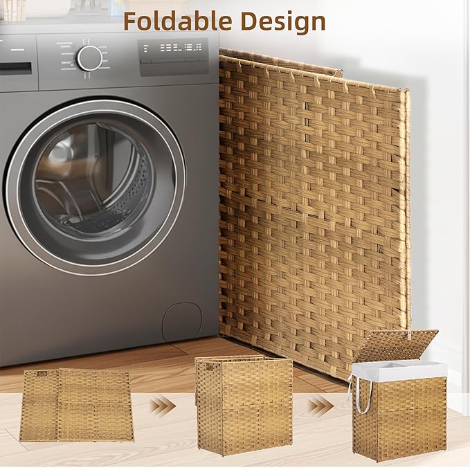 Woven Laundry Basket with Lid, Large Hamper with Removable and Machine-Washable Liner, Foldable Rattan Clothes Hamper, Sturdy Steel Frame, Odor Control, 90L Capacity, Goose Yellow
