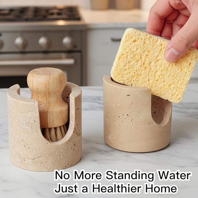 Luxury Travertine Sponge Holder – Fast-Drying, Rust-Proof Kitchen Sink Caddy, Non-Slip Base, Compact Stone Sponge Caddy for Kitchen Sink Counter, Perfect Gift for Modern & Farmhouse Homes, Beige