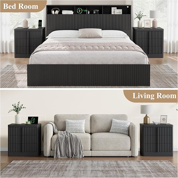 Fluted Nightstand Set of 2 with Charging Station, 23.6" Wood Bedside Table with Solid Wood Handle, Mid Century Moden End Table, 3 Drawer Dresser for Bedroom, Living Room, Black