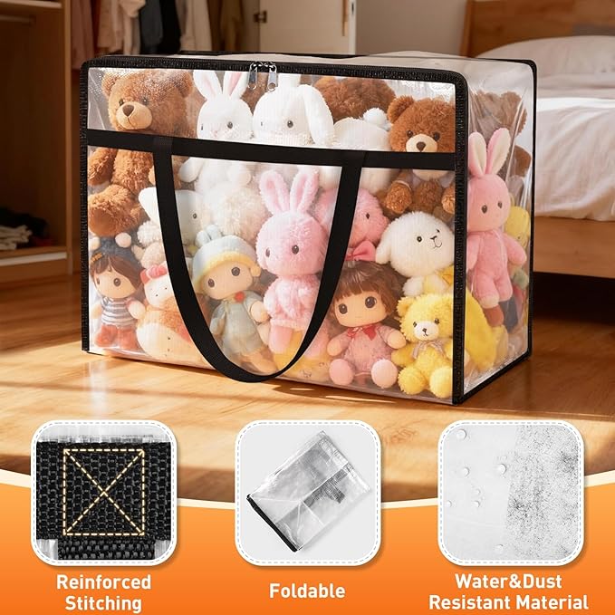 Clear Under Bed Storage Containers - 4 Pack Large Capacity Clothes Storage Bags with Lid & Sturdy Handles, Foldable Moving Bags, Clothing Organizer Totes for Bedding, Comforter, Sheet（60 L）