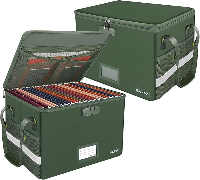 ENGPOW File Box with Lock, Fireproof Document Box with Pockets, Collapsible File Organizer Filing Storage Cabinet with Handle, Portable Home Office Safe for Hanging Letter/Legal Folders,Green,2 Pack