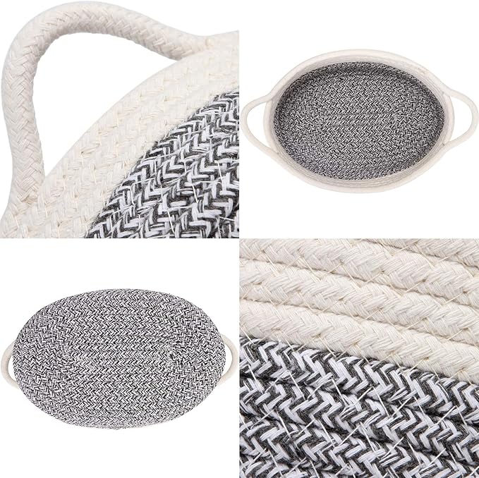 Sea Team 2-Pack Cotton Rope Baskets, 10 x 7 x 4 Inches Small Woven Storage Basket, Fabric Tray, Bowl, Oval Open Dish for Fruits, Jewelry, Keys, Sewing Kits (Mottled Grey & White)