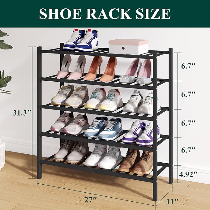 Smiry Bamboo Shoe Rack for Closet, 5 Tier Wooden Stackable Shoe Organizer, Free Standing Shoes Storage Shelf for Entryway, Front Door Entrance, Black