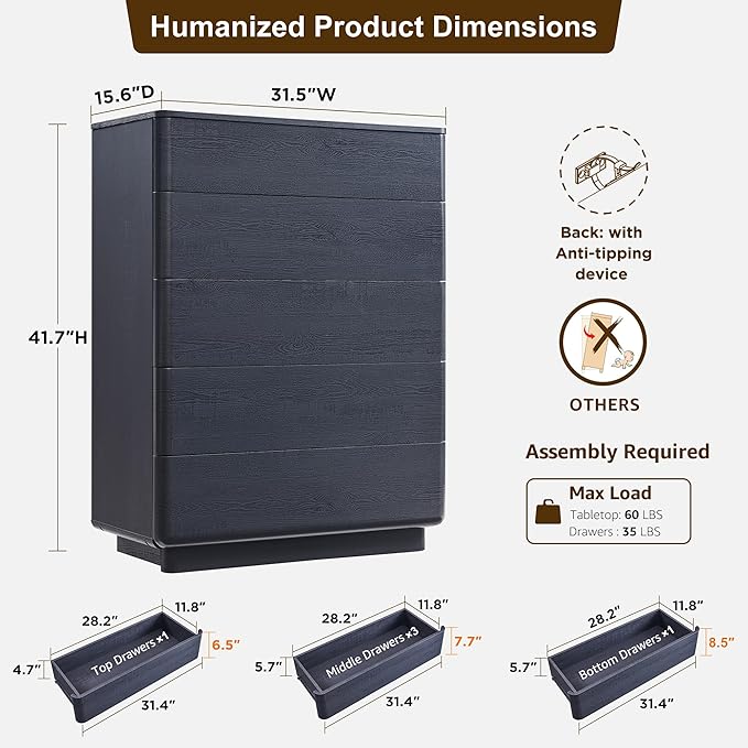 ACCOHOHO Modern 5 Drawer Dresser for Bedroom, 42" Tall Wooden Dressers with Large Storage,Handleless Chest of Drawers for Living Room & Hallway, Curved Profile Design, Black