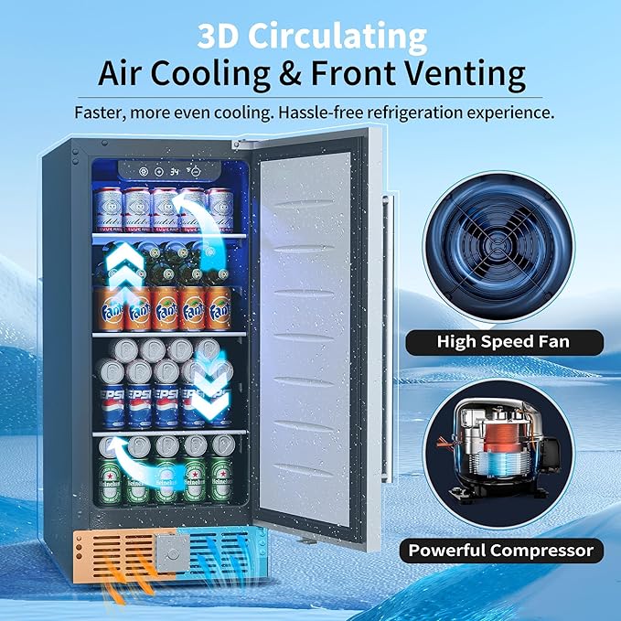 15 Inch Under Counter Beverage Refrigerator - 126 Cans Beverage Fridge with Stainless Steel Door for Beer Wine Soda - Built-in or Freestanding Wine Cooler for Home Kitchen Bar
