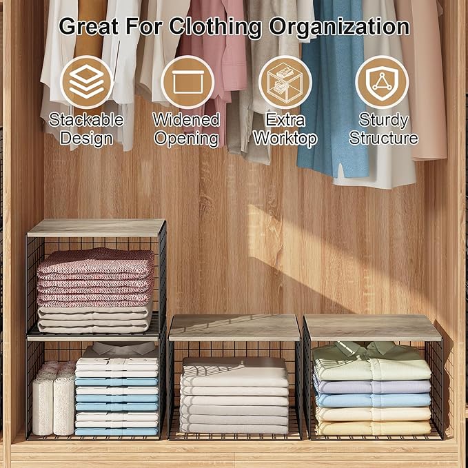 4PCS Wider Closet Organizers and Storage, Stackable Closet Shelf Organizer Storage Bins with Wood Top for Sweaters Jeans, Clothes Organizer Shelves for Wardrobe System Rack, Space-Saving,Sturdy Metal