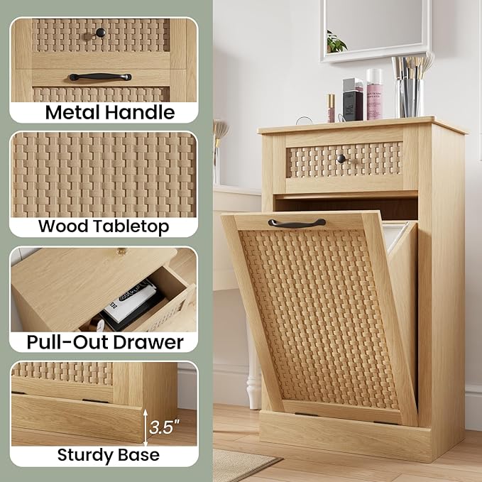Double Tilt Out Laundry Hamper Cabinet,10 Gallon Laundry Cabinet with Drawers ＆ 2 Hidden Baskets, Farmhouse Storage Basket for Laundry Room, Bathroom, Kitchen, Wood