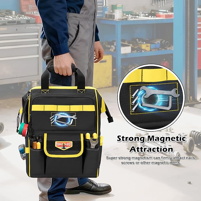Tool Bag Backpack with Zipper Pouch and Magnetic Attraction Area, Heavy-Duty Tool Storage Organizer Bag, Tactical Work Tool Bag for Electrician, Repairman, HVAC Techs, Black
