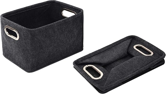 Collapsible Storage Bins Foldable Felt Fabric Storage Basket Organizer Boxes Containers with Handles Metal Handles for Nursery Toys,Kids Room,Clothes,Towels,Magazine (Dark grey）