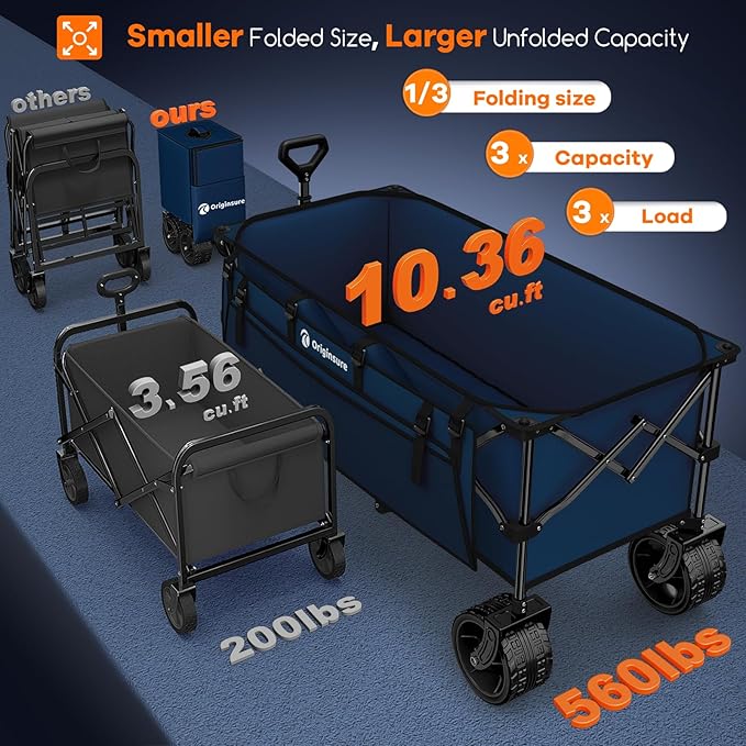 48" L Folding Beach Wagon Cart Foldable, 560lbs Weight Capacity 300L Heavy Duty Collapsible Wagons with Big All-Terrain Wheels, Utility Carts for Groceries, Shopping, Camping, Sports - Blue
