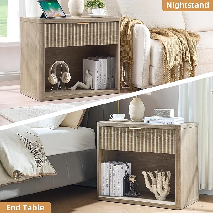 LEYAOYAO 31" Wide Fluted Nightstand with Charging Station, Oversized Extra Large 1 Drawer Night Stand with Golden Handle, Grey Wood Bedside Table Tall End Tables,for Bedroom, Living Room, Hallway