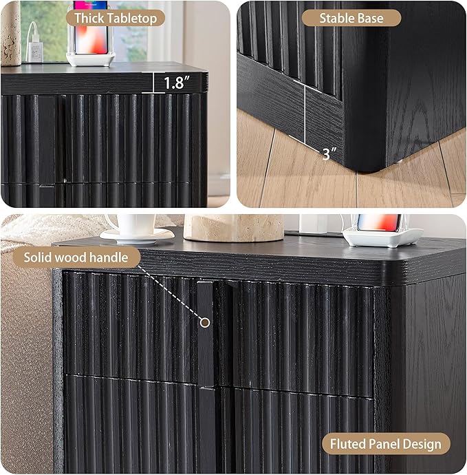 23.6" Nightstand Set of 2 with Charging Station, Side Table with 3 Storage Drawers, Mid Century Modern Night Stand with Solid Wood Handle, Bedside End Table for Bedroom, Living Room, Black