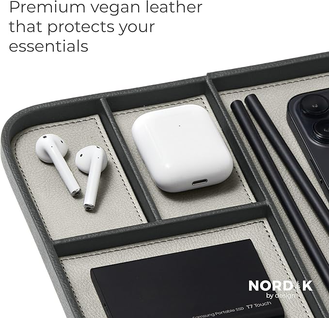 Nordik Leather Valet Tray - Sahara Gray - 9.5 x 7.9 Inch Medium Vegan Leather Tray - Stylish Nightstand Organizer for Men - Modern Bedside Caddy - EDC Catchall for Key Watch Wallet Jewellery