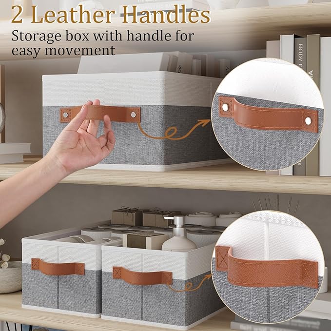 OUTBROS Storage Bins, Foldable Storage Baskets for Organizing, Fabric Storage Boxes With Handles,For bedrooms, living rooms, Shelves, Gray/White, 16.1x6.5x9.8 inch, 3-Pack