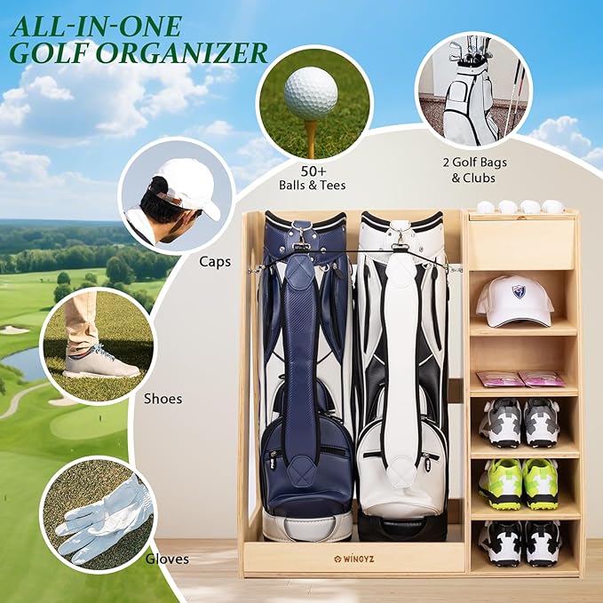 wingyz Wooden Golf Storage Organizer for Garage Fits 2 Bags for Any Level Golfer Great Gift, Golf Bag Rack Club Holder with 12-Ball Display Rack and 5 Shelves for Equipment Accessories