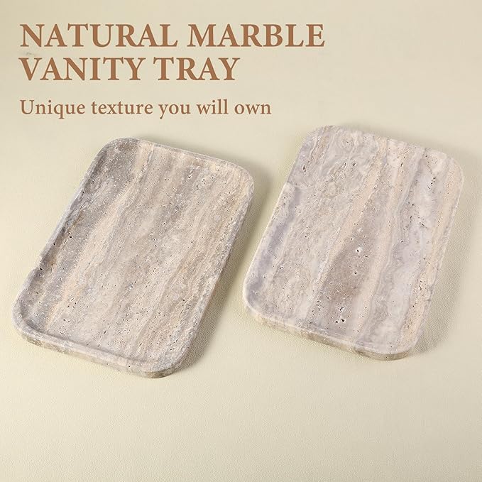 Marble Vanity Trays, Travertine Bathroom Tray, Decorative Tray for Dresser Countertop, Grey Stone Serving Holder for Kitchen, Storage Trays for Perfume, Jewelry Candle Organizer
