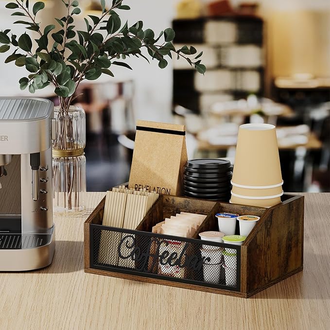 YINMIT Coffee Station Organizer for Countertop, Wood Coffee Bar Organizer with Removable Dividers for Pods, Syrup, Cups, Stirrer, Tea - Office Coffee Bar Accessories
