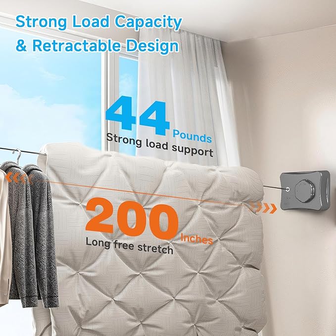 Retractable Outdoor Clothes Line,Heavy Duty Clothes Drying Laundry Line Wall Mounted Stainless Steel Line-16.7 Feets-Grey