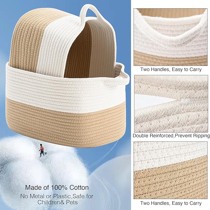 DUHEL Cotton Rope Woven Storage Basket, Used for Baby Hamper Toy Organizer, Gift Baskets Empty,Kids Laundry Basket,Baby Blanket Storage. Size 15x10x8.7 Inches. (White&Khaki-3PCS)