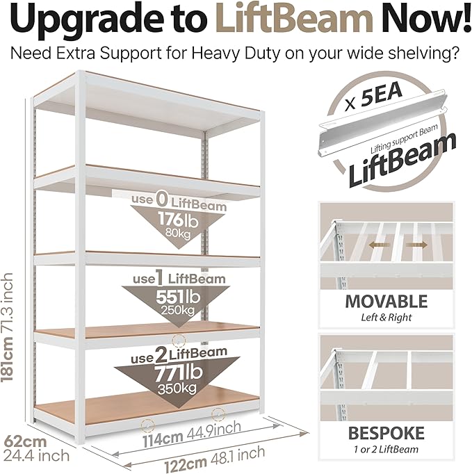 HOMEDANT House Lift-Beam White Boltless Heavy Duty Garage Storage Shelving Adjustable 5-Tier Metal Shelves Laminated Shelf Industrial Utility Rack Pantry 48.1" W x 24.4" D x 71.3" H 3Pack