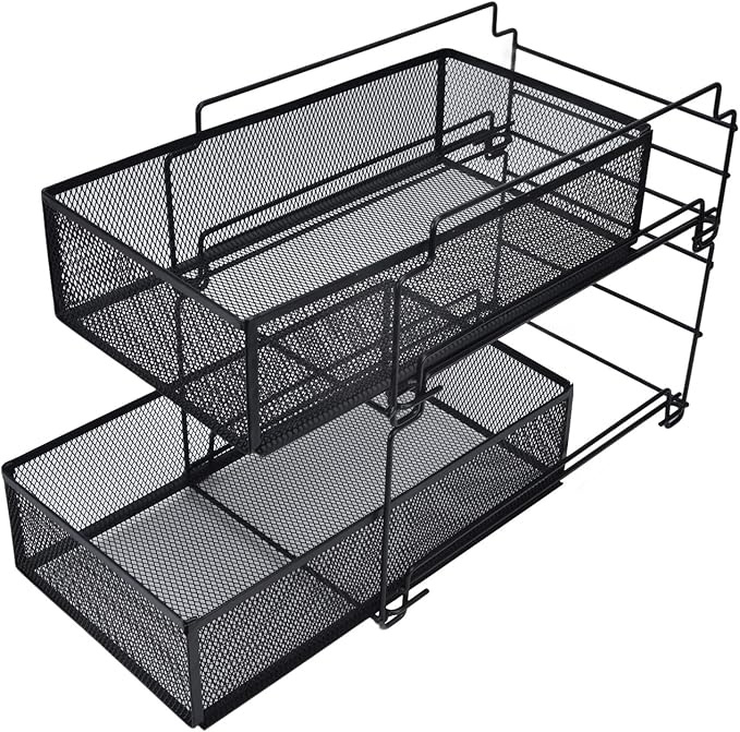 Cupboard Organiser, 2 Tier Under Sink Storage Organiser, Kitchen Storage Drawer Basket Rack Multilayer Kitchen Shelf Sliding Under Sink Drawer